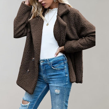 Women's Caramel Double-Breasted Relaxed Fit Jacket for Everyday Wear