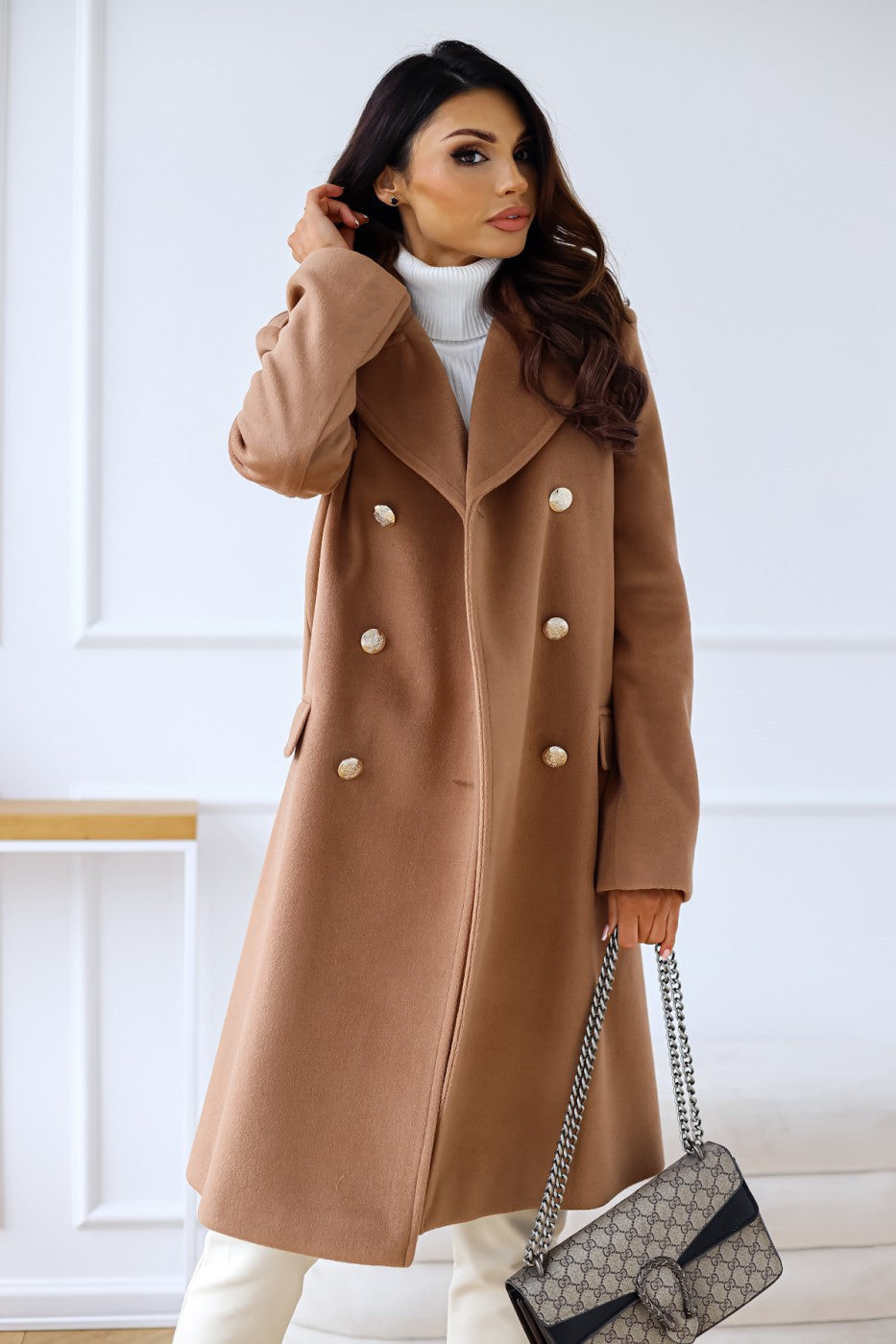 Women's Multi-Color Double-Breasted Stylish Coat for Fall and Winter Brown