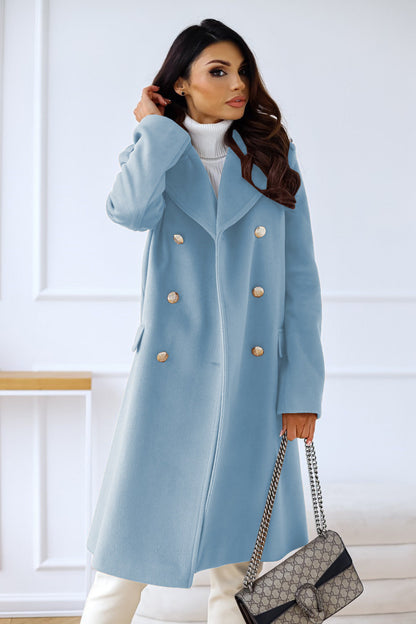 Women's Multi-Color Double-Breasted Stylish Coat for Fall and Winter Blue