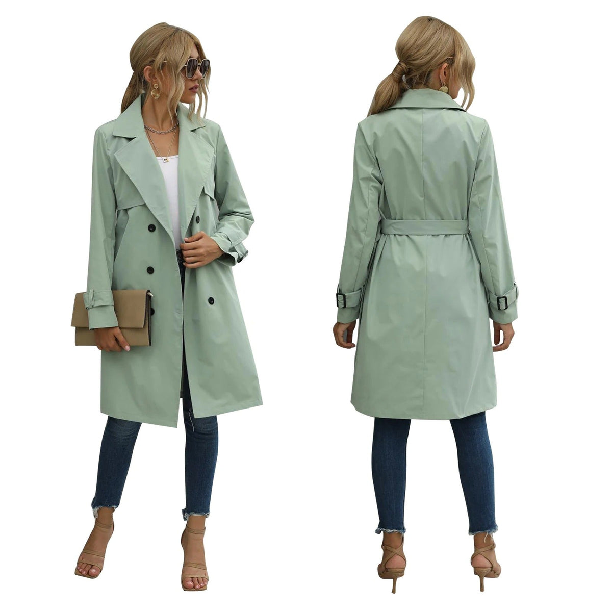 Women's Green Double-Breasted Stylish Coat for Fall and Winter Green