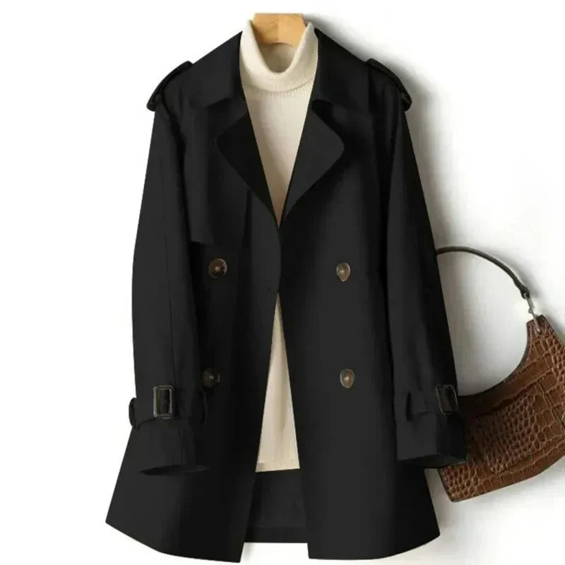 Women's Double-Breasted Trench Coat for Fall and Winter Everyday Wear Black