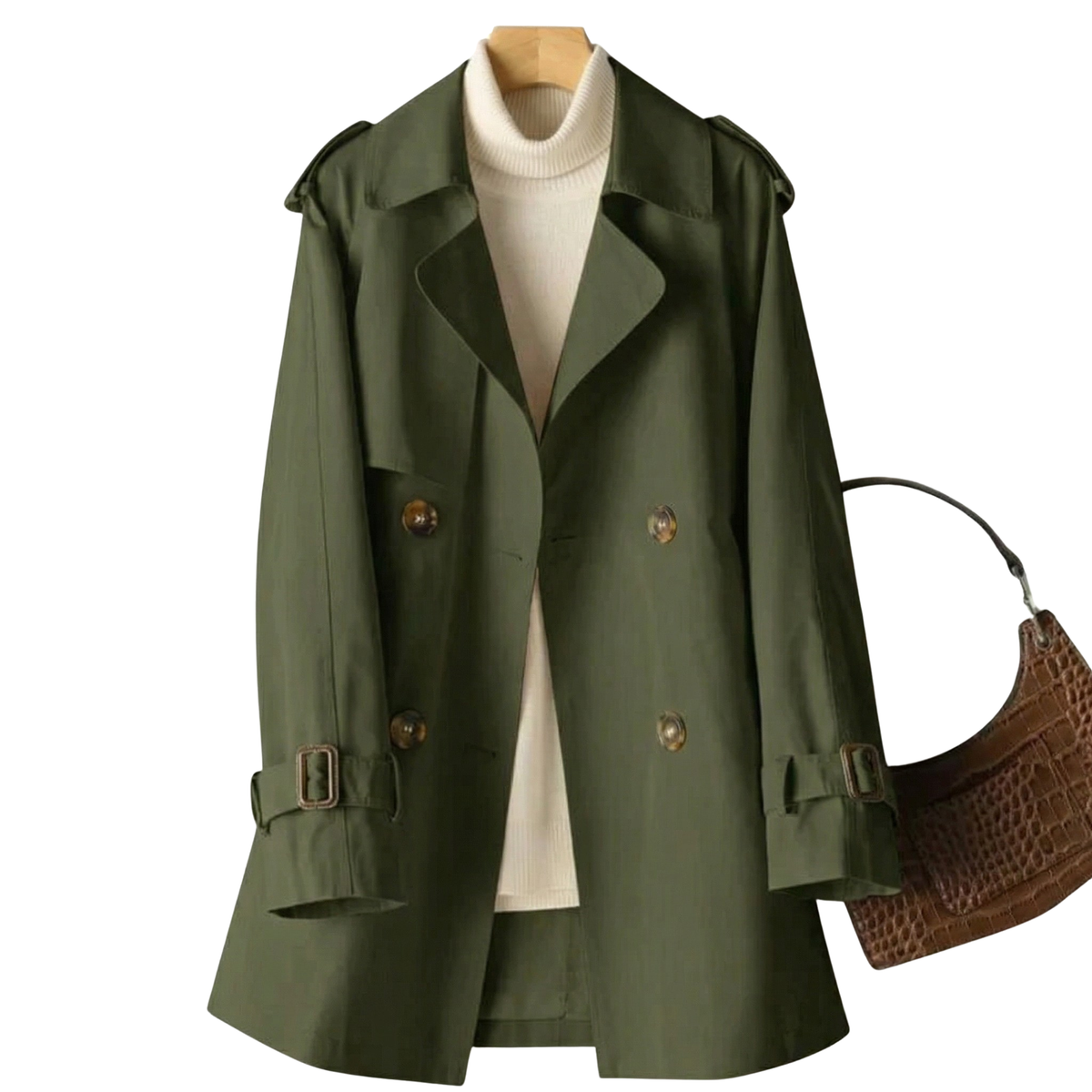 Women's Double-Breasted Trench Coat for Fall and Winter Everyday Wear Green