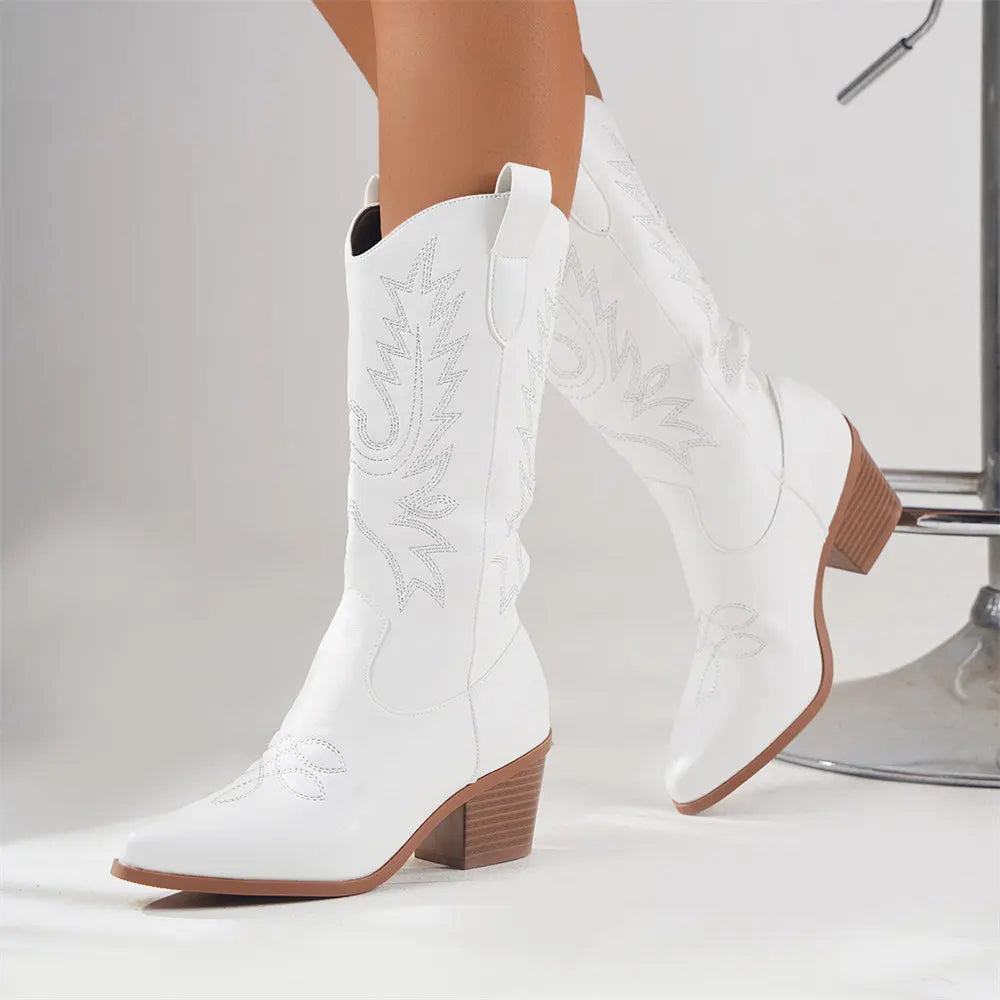 Women's Embroidered Mid-Calf Block Heel Cowboy Boots for Daily Use White
