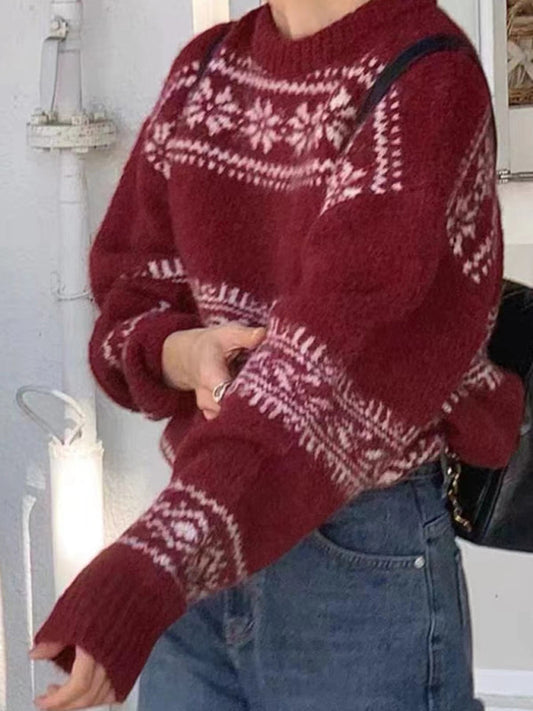 Women's Fair Isle Crewneck Knit Sweater for Daily Use Warm Red