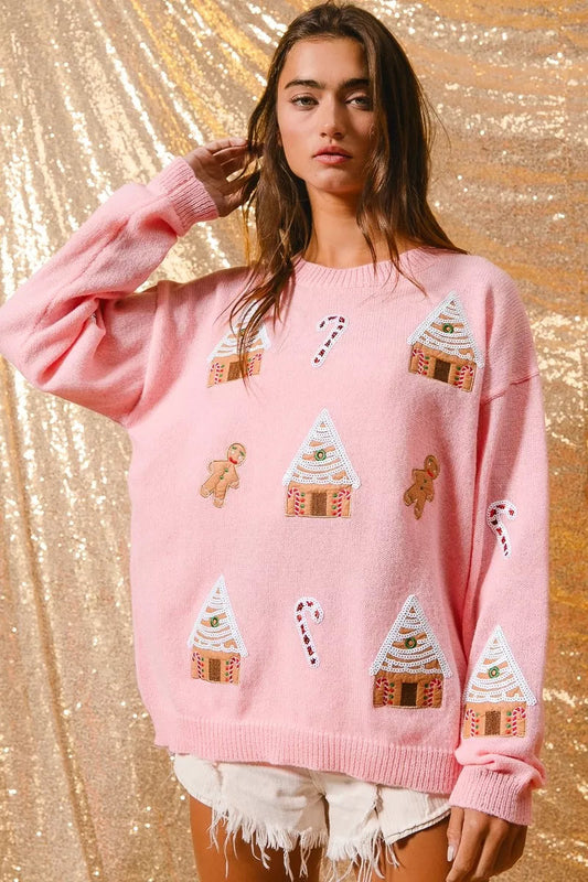 Women's Festive Christmas Crew Neck Sweater for Daily Use Light Pink