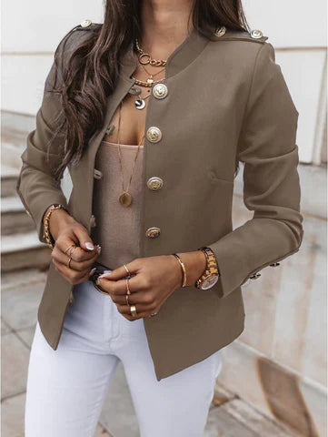 Women's Fitted Button Front Military Jacket for Daily Use Khaki