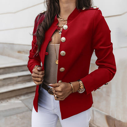 Women's Fitted Button Front Military Jacket for Daily Use Red