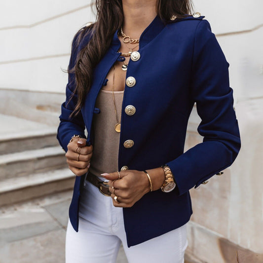 Women's Fitted Button Front Military Jacket for Daily Use Blue