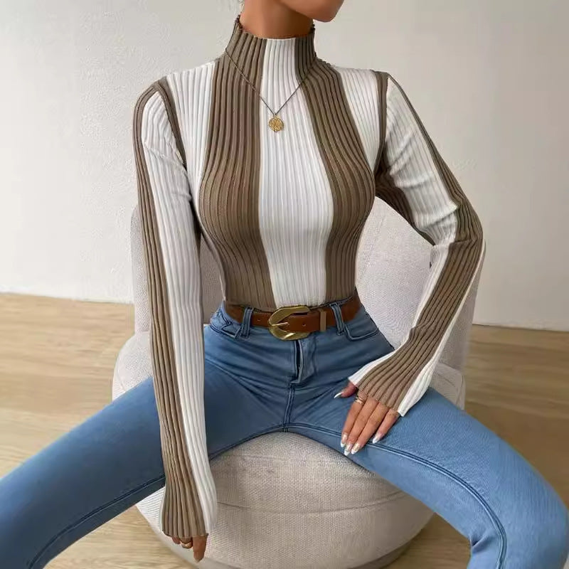 Women's Fitted Vertical Striped Sweater for Daily Use Warm Khaki