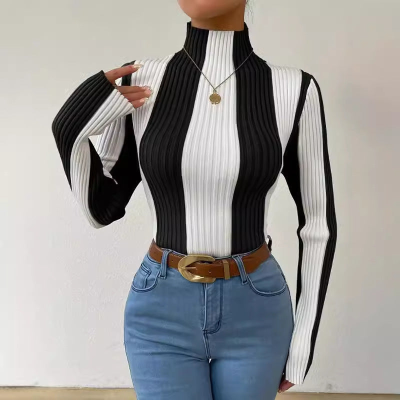 Women's Fitted Vertical Striped Sweater for Daily Use Warm Black