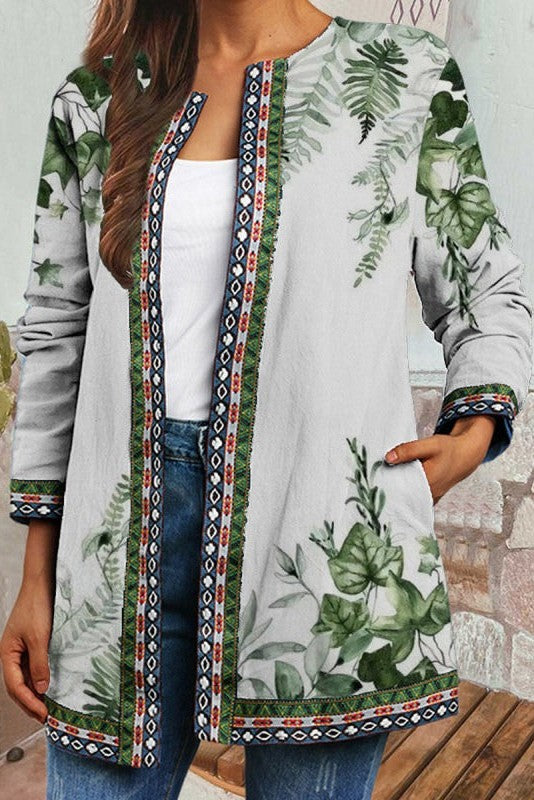 Women's Floral Print Open Front Jacket for Daily Use Warm Green