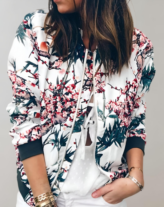 Women's Floral Zip-Up Bomber Jacket for Fall and Winter Everyday Wear White