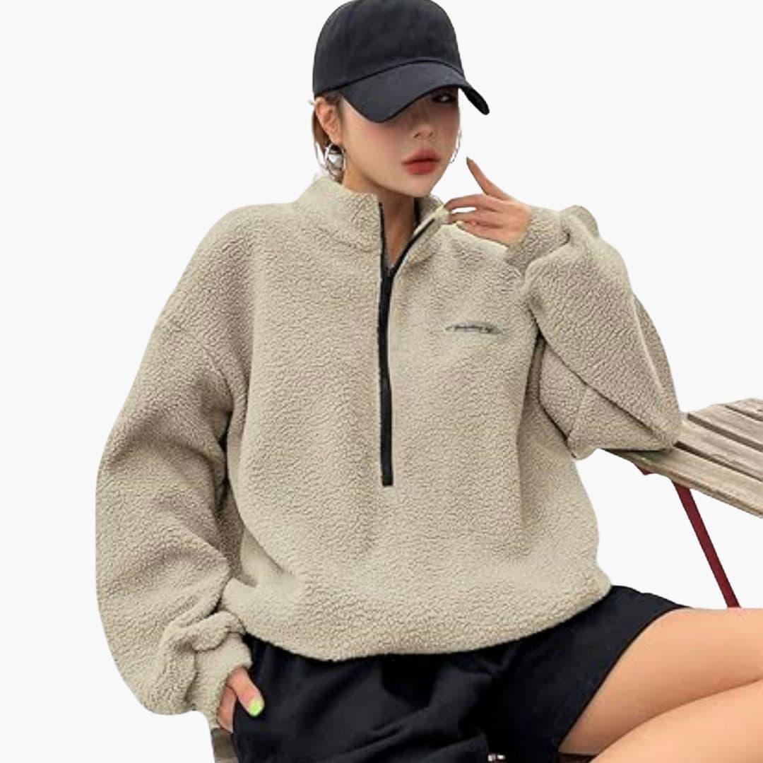 Women's Half-Zip Sweatshirt with Textured Design with Fleece Collar Beige