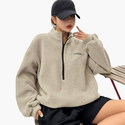 Women's Half-Zip Sweatshirt with Textured Design with Fleece Collar Beige