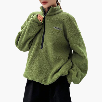 Women's Half-Zip Sweatshirt with Textured Design with Fleece Collar Green