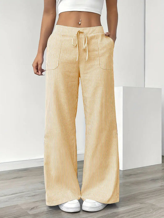 Women's High-Waisted Striped Wide Leg Trousers for Daily Use Yellow