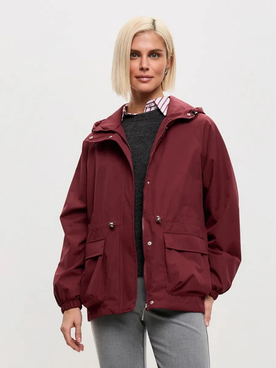 Women's Brown Hooded A-Line Winter Coat for Everyday Wear Red
