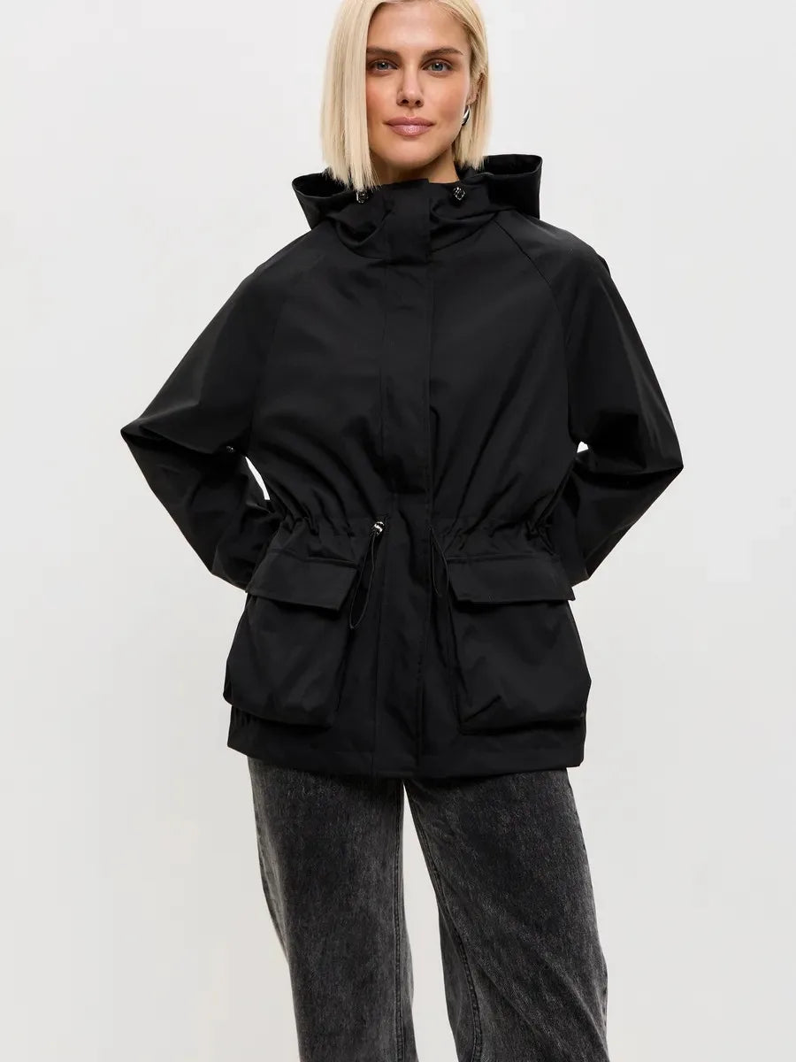 Women's Brown Hooded A-Line Winter Coat for Everyday Wear Black
