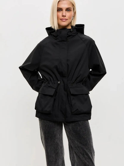 Women's Brown Hooded A-Line Winter Coat for Everyday Wear Black