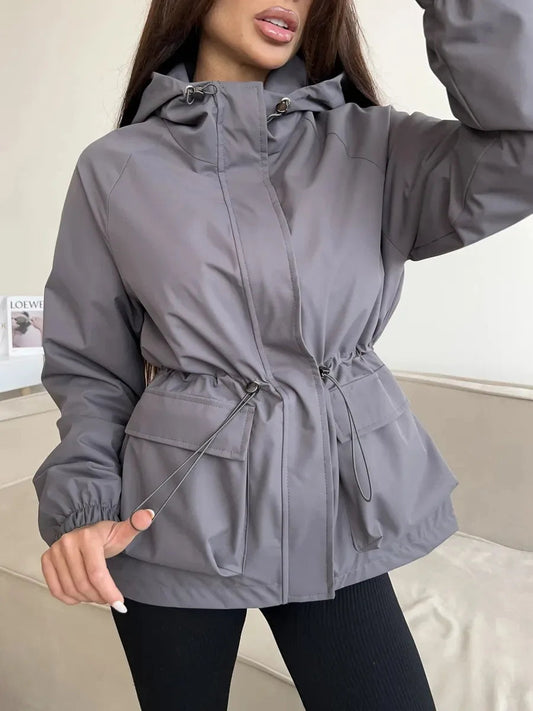 Women's Brown Hooded A-Line Winter Coat for Everyday Wear Gray