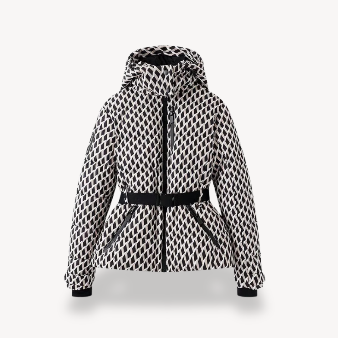 Women's Hooded Belted Puffer Jacket for Fall and Winter Everyday Wear Geometric