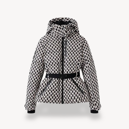 Women's Hooded Belted Puffer Jacket for Fall and Winter Everyday Wear Geometric