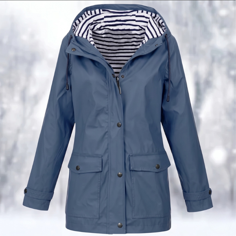 Women's Hooded Button-Front Waterproof Raincoat for Daily Use Navy Blue