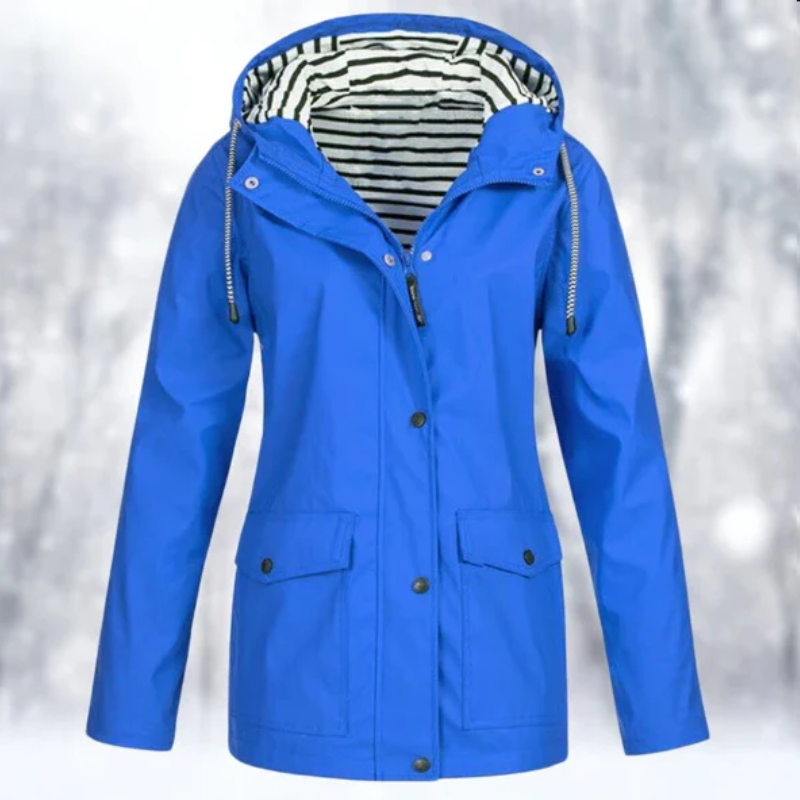 Women's Hooded Button-Front Waterproof Raincoat for Daily Use Blue