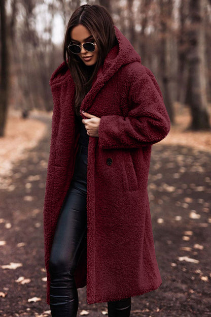 Women's Hooded Teddy Coat in Ruby Color for Daily Use Warm Red