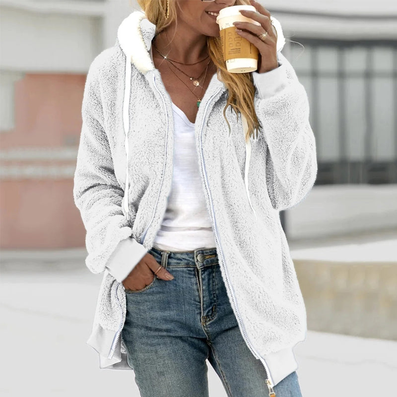 Women's Hooded Zip-Up Longline Jacket for Daily Use Warm White