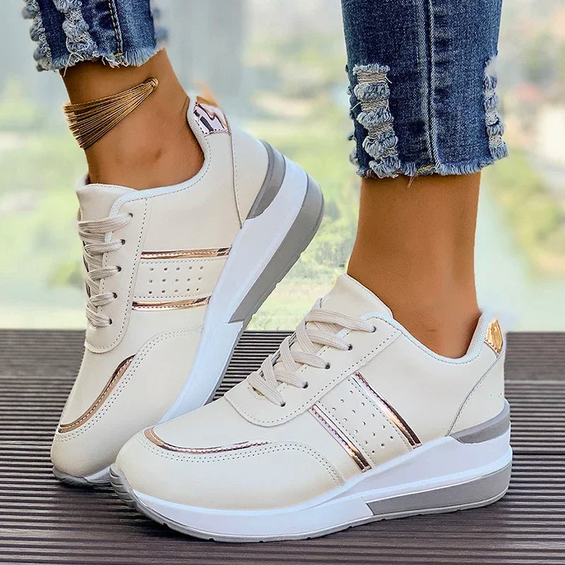 Women's Lace-Up Fashion Sneakers for Fall and Winter Everyday Wear Beige