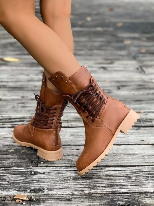 Women's Lace-Up Mid-Calf Fashion Boots for Daily Use Warm