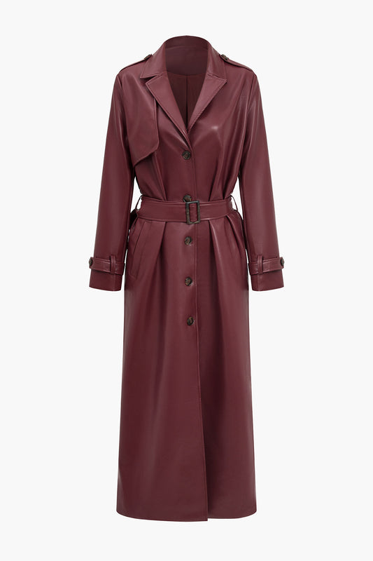 Women's Long Belted Trench Coat for Fall and Winter Everyday Wear Burgundy
