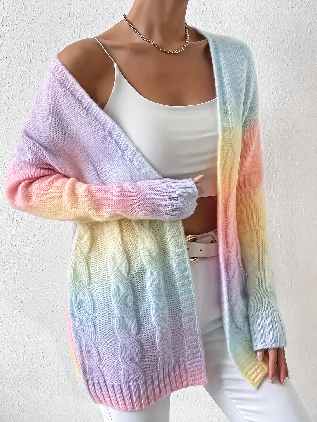 Women's Long Cable Knit Cardigan for Fall and Winter Everyday Wear Light Purple