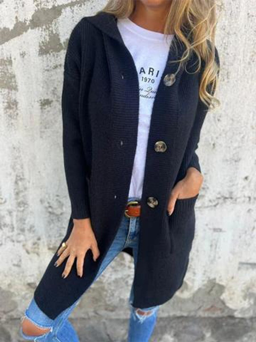 Women's Apricot Long Hooded Cardigan for Fall and Winter Everyday Wear Black