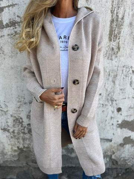 Women's Apricot Long Hooded Cardigan for Fall and Winter Everyday Wear Apricot