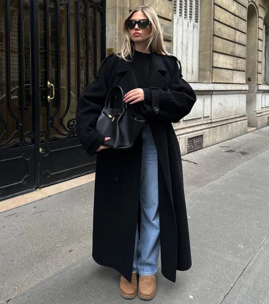 Women's Long Oversized Trench Coat for Fall and Winter Everyday Wear Black