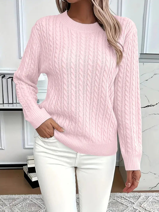 Women's Long Sleeve Cable Knit Sweater for Daily Use Warm Pink