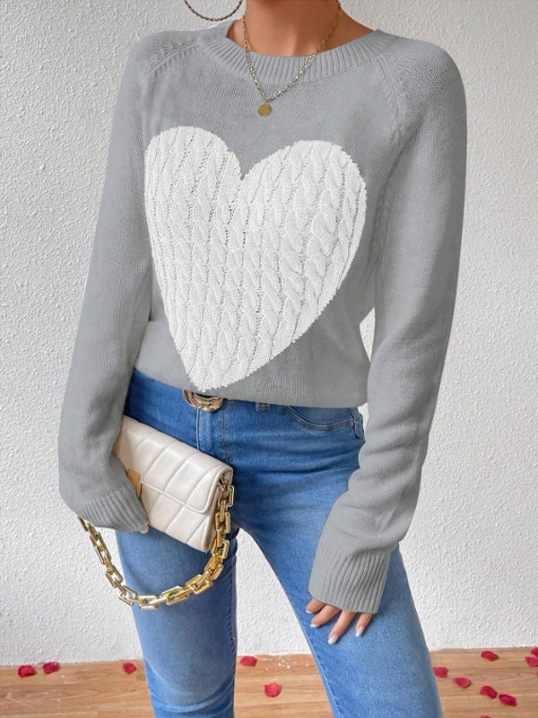 Women's Long Sleeve Heart Design Sweater for Daily Use Warm Grey