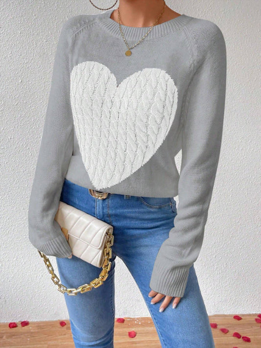 Women's Long Sleeve Heart Design Sweater for Daily Use Warm Grey