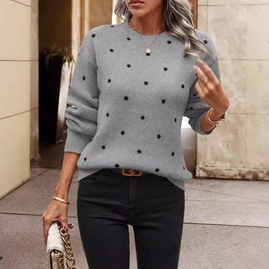 Women's Long Sleeve Polka Dot Knit Sweater for Daily Use Slate Gray