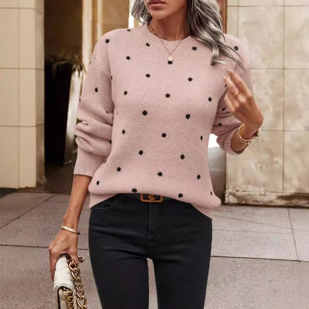 Women's Long Sleeve Polka Dot Knit Sweater for Daily Use Pink