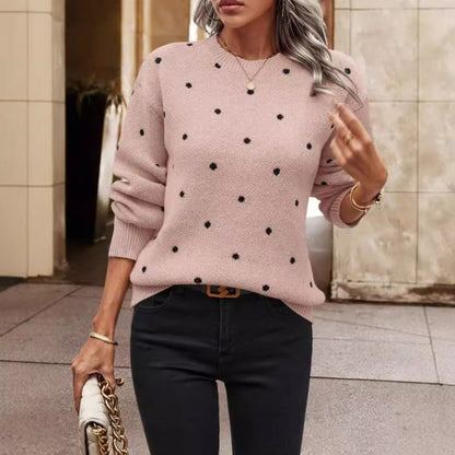 Women's Long Sleeve Polka Dot Knit Sweater for Daily Use Pink