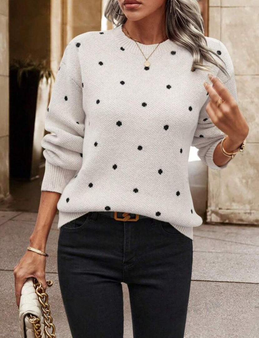 Women's Long Sleeve Polka Dot Knit Sweater for Daily Use White