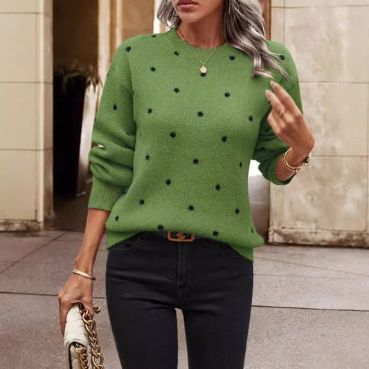 Women's Long Sleeve Polka Dot Knit Sweater for Daily Use Green