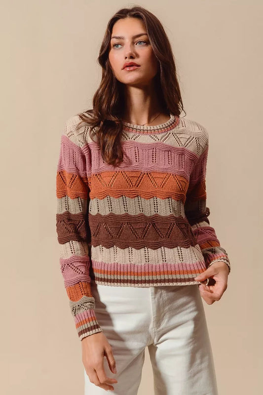 Women's Long Sleeve Striped Knit Sweater for Daily Use Warm Multicolor