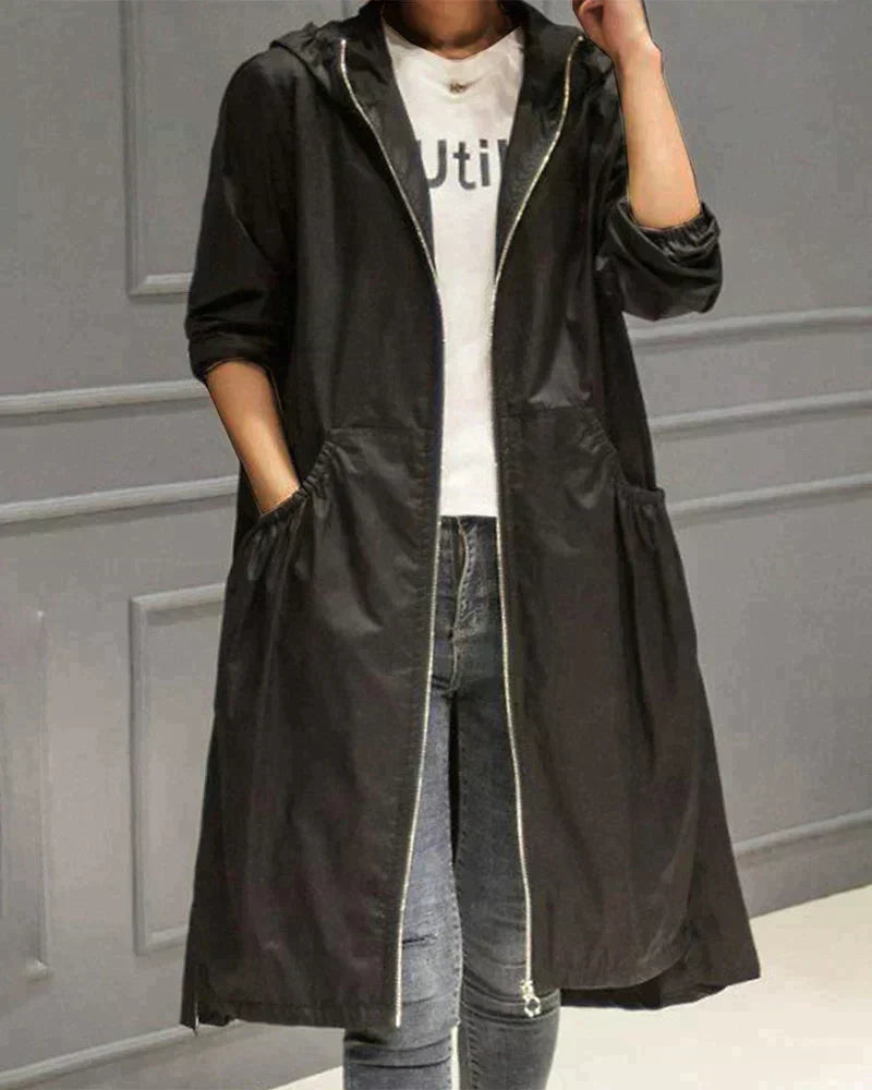 Women's Multi-Color Longline Hooded Jacket for Fall and Winter Schwarz