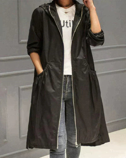 Women's Multi-Color Longline Hooded Jacket for Fall and Winter Schwarz