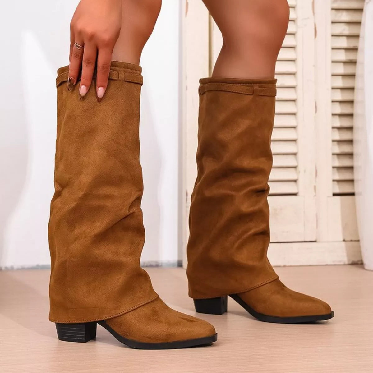 Women's Mid Calf Slouch Block Heel Fashion Boots for Daily Use Brown