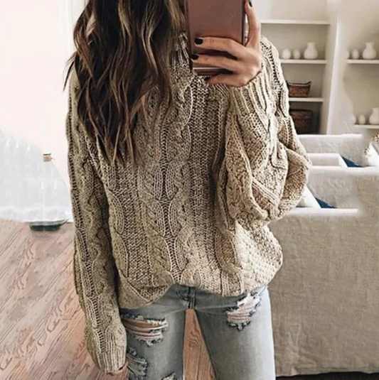 Women's Off the Shoulder Cable Knit Sweater for Daily Use Khaki